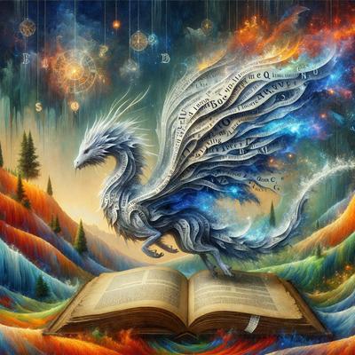 Primary subject: A dragon with a book in its mouth.

Setting/background: The dragon is standing in front of a book, which is open and appears to be a part of the dragon's mouth. The background features a colorful and vibrant landscape.

Visual style: The image is a digital artwork, featuring a fantasy scene with a dragon and a book.

Colors and mood: The colors in the image are vibrant and lively, creating a sense of